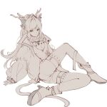  1girl animal_ears antlers arknights cat_ears cat_girl cat_tail fake_antlers full_body greyscale jacket knee_up long_hair long_sleeves looking_at_viewer monochrome official_alternate_costume open_clothes open_jacket ponytail reindeer_antlers scarf schwarz_(arknights) schwarz_(presents)_(arknights) shen_jiu shirt shorts simple_background sitting sketch solo spot_color star_(symbol) tail very_long_hair white_background yellow_eyes 