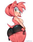  2022 absurd_res accessory amy_rose anthro big_butt bikini bikini_top bottomwear breasts butt clothed clothing eulipotyphlan female green_eyes hair hair_accessory hairband hedgehog hi_res hotpants ichig8miruku_(artist) looking_at_viewer looking_back looking_back_at_viewer mammal open_mouth pink_body pink_hair rear_view sega shorts simple_background solo sonic_the_hedgehog_(series) swimwear tight_clothing 