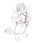  4:5 anthro asnnonaka barefoot book clothed clothing eyes_closed feet felid front_view full-length_portrait hi_res holding_book holding_object jacket male mammal monochrome mouth_closed pantherine portrait simple_background sketch solo standing tiger topwear unsigned whiskers 