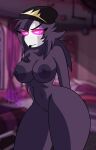  absurd_res anthro avian beak bird breasts butt clothing demon detailed_background feathers female genitals glowing glowing_eyes hat headgear headwear helluva_boss hi_res lewdtoons69 looking_at_viewer nipples nude octavia_(helluva_boss) owl owl_demon purple_body purple_feathers pussy solo thick_thighs 