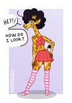  afro ambiguous_gender anthro bottomwear clothing crop_top dialogue fingers giraffe giraffid giraffo_(mrgiraffo) girly hand_on_butt hooved_fingers hooves horn legwear looking_at_viewer mammal mrgiraffo ossicone pattern_clothing pattern_legwear piercing pink_clothing shirt simple_background skirt solo spots spotted_body striped_clothing striped_legwear stripes tall thigh_highs topwear 