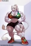  2_tails absurd_res anthro big_muscles breasts clothed clothing felid female footwear hair hi_res huge_muscles hyper hyper_muscles lion mammal multi_tail muscular muscular_female pantherine razzberryboat shoes solo 