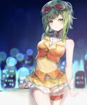  1girl bare_arms blurry blurry_background bokeh brooch cityscape commentary contrapposto cowboy_shot cropped_jacket depth_of_field detached_collar frilled_garter goggles goggles_on_head green_eyes green_hair green_nails gumi headphones highres jacket jewelry layered_skirt medium_hair miniskirt night nuko_0108 orange_jacket orange_skirt red_goggles shirt sidelocks skirt sleeveless sleeveless_jacket sleeveless_shirt smile solo vocaloid yellow_shirt 