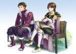  1boy 1girl akuru_(akr369akr) armor bench boots breastplate brown_hair cape character_request commission crossed_arms crossed_legs elbow_gloves fingerless_gloves fire_emblem fire_emblem:_path_of_radiance gloves headband pegasus_knight_uniform_(fire_emblem) short_hair shoulder_armor sitting skeb_commission tanith_(fire_emblem) thigh_boots 