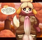  absurd_res animal_crossing anthro autumn balls big_balls big_breasts big_penis blush breasts canid canine canis clothed clothing dialogue domestic_dog english_text erection genitals gynomorph hair hi_res huge_penis humanoid_genitalia humanoid_penis hyper hyper_genitalia hyper_penis intersex isabelle_(animal_crossing) leggings legwear looking_at_viewer mammal nintendo penis plant plundered scarf shih_tzu smile solo sweater text thick_thighs thigh_highs topwear toy_dog tree video_games wide_hips 