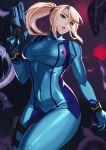  1girl absurdres artist_name blonde_hair blue_bodysuit blue_eyes bodysuit breasts covered_navel floating_hair grey_background gun hair_tie hand_up highres holding holding_gun holding_weapon holster kagematsuri large_breasts long_hair looking_to_the_side metroid mole mole_under_mouth parted_lips ponytail samus_aran sidelocks solo tentacles thigh_holster tight trigger_discipline weapon zero_suit 