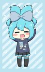  &gt;_&lt; 1girl =_= aqua_hair arms_up beamed_eighth_notes black_skirt black_thighhighs blue_background blue_bow blue_sweater blush_stickers bow character_name character_print chibi cinnamiku cinnamoroll closed_eyes commentary crown eighth_note facing_viewer full_body hair_bow hands_in_hair hatsune_miku heart highres long_hair musical_note nukotun open_mouth pleated_skirt quarter_note sanrio shirt skirt smile solo standing sweater thighhighs treble_clef twintails updo vocaloid 