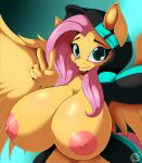  2022 5_fingers anthro areola big_breasts breasts clothing digital_media_(artwork) equid equine eyebrows eyelashes female fingers fluttershy_(mlp) friendship_is_magic gesture hasbro hi_res huge_breasts looking_at_viewer mammal my_little_pony nipples pegasus simple_background smile solo suirano v_sign wings 