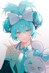  1girl absurdres bare_shoulders blue_eyes blue_hair bow cinnamiku cinnamoroll detached_sleeves doris_(1349745448) hair_bow hatsune_miku headphones highres long_hair looking_at_viewer necktie simple_background smile twintails v vocaloid white_background 