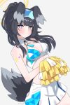  1girl absurdres animal_ears black_hair blue_archive blush cheerleader dog_ears dog_girl dog_tail english_commentary eyewear_on_head grey_eyes halo hibiki_(blue_archive) hibiki_(cheerleader)_(blue_archive) highres looking_at_viewer magui3 midriff pleated_skirt pom_pom_(cheerleading) ponytail skirt solo star_(symbol) sticker_on_face tail 