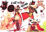  2022 ambiguous_gender anthro bell bell_collar blood bodily_fluids collar crown cult_of_the_lamb english_text firebay follower_(cult_of_the_lamb) fur hi_res horizontal_pupils horn lamb_(cult_of_the_lamb) melee_weapon multiple_scenes pupils red_cape simple_background sword text weapon white_body white_fur wool_(fur) 