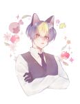  1boy :d animal_crossing animal_ears black-framed_eyewear blue_necktie cat_ears cat_tail eyewear_removed green_eyes grey_vest heterochromia highres jiugae_(yzzv4774) long_sleeves looking_at_viewer male_focus multicolored_hair necktie open_mouth pants personification raymond_(animal_crossing) smile tail two-tone_hair vest white_background yellow_eyes 