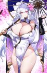  1girl absurdres ahoge bangs bare_shoulders breasts casul cleavage dress fate/grand_order fate/prototype fate_(series) highres large_breasts long_hair looking_at_viewer merlin_(fate/prototype) oil-paper_umbrella pelvic_curtain purple_eyes solo thighs umbrella very_long_hair white_dress white_hair 