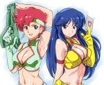  2girls arm_above_head arm_behind_back arm_up armpits bandana blue_eyes blue_hair breasts brown_eyes card cleavage dirty_pair earrings gloves green_gloves gun holding holding_card holding_gun holding_weapon jewelry kei_(dirty_pair) long_hair looking_at_viewer multiple_girls ohtado open_mouth red_hair simple_background single_glove smile weapon white_background yellow_gloves yuri_(dirty_pair) 