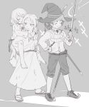  3boys aged_down carrying commentary d_hunter_of_the_dead doyagao elden_ring greyscale hat kero_1110 magic male_focus monochrome multiple_boys piggyback ponytail rapier simple_background smug sorcerer_rogier staff sword weapon witch_hat 