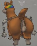  4:5 absurd_res accessory albinoraynedeer alpaca anus balls camelid genitals headband hi_res itsdraconix looking_at_viewer looking_back mace mace_and_chain male mammal melee_weapon overweight them&#039;s_fightin&#039;_herds weapon 