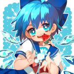  1girl adapted_costume bangs blue_bow blue_eyes blue_hair blue_skirt bow circled_9 cirno collared_shirt commentary_request food hair_bow harrymiao head_tilt ice ice_cube ice_wings looking_at_viewer neckerchief popsicle popsicle_in_mouth red_neckerchief sailor_collar shirt short_hair short_sleeves skirt smile snowflakes solo teeth touhou upper_body watermelon_bar white_shirt wings 