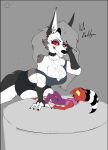  age_difference aged_down anthro anthro_on_anthro big_breasts blitzo_(helluva_boss) blush breasts canid canid_demon claws clothed clothing daddy_kink demon dialogue duo fangs female fluffy fluffy_tail fur furniture grey_body grey_fur grishnax hair hellhound helluva_boss hi_res horn humanoid imp interspecies loona_(helluva_boss) lying male male/female mammal older_female on_back open_mouth red_body red_eyes simple_background smile technical_incest teeth thick_thighs tongue tongue_out white_body white_fur white_hair wide_hips younger_male 