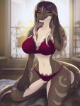  anthro big_breasts bra breasts chia_mio cleavage clothed clothing female hair hi_res kneeling panties reptile scalie snake solo underwear wide_hips 