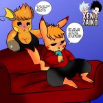  anthro blake_(xenozaiko) blush breasts clothed clothing coach duo english_text female generation_1_pokemon hair hi_res lydia_(lobokosmico) male mammal mouse murid murine nintendo orange_body orange_hair phone pikachu pokemon pokemon_(species) raichu rodent text video_games xenozaiko 