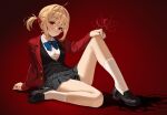  blonde_hair flower gradient gradient_background highres looking_at_viewer lycoris_recoil mio-muo1206 nishikigi_chisato red_background school_uniform short_hair spider_lily 