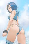  1girl arms_at_sides ass back bangs bikini blue_eyes blue_hair breasts cloud covered_nipples cowboy_shot day flat_ass from_side hairband hood hood_down lana_(pokemon) looking_at_viewer median_furrow medium_hair outdoors parted_lips pokemon pokemon_(game) pokemon_sm shiny shiny_hair sky small_breasts solo swimsuit tankini thighs twisted_torso yellow_hairband yugen99 