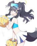 1girl @_@ animal_ears billbung black_hair blue_archive blue_eyes blue_skirt blush character_name cheerleader eyewear_on_head facial_tattoo halo hibiki_(blue_archive) hibiki_(cheerleader)_(blue_archive) holding holding_pom_poms looking_at_viewer medium_hair midriff official_alternate_costume open_mouth pom_pom_(cheerleading) simple_background skirt star_tattoo sunglasses tail tattoo thighs two-tone_skirt white_background white_skirt 