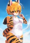  1girl animal_ears animal_nose blonde_hair blue_sky breasts china_dress chinese_clothes closed_mouth cloud commentary_request day dress furry furry_female highres kageroh looking_at_viewer medium_breasts original outdoors short_hair sky smile snout solo tail thighs tiger_ears tiger_girl tiger_tail white_dress 