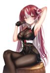  1girl :p arm_up armpits bangs bare_shoulders black_bodysuit black_gloves bodysuit breasts brown_eyes closed_mouth covered_navel crossed_legs gloves hair_bun highres holding hololive houshou_marine large_breasts long_hair multicolored_hair raurashun red_hair simple_background single_hair_bun sitting smile solo thighs tongue tongue_out virtual_youtuber white_background white_hair 