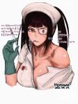  1girl artist_name bangs black_hair breasts cleavage dated eyepatch gloves green_gloves han_juri hershuar holding holding_syringe korean_text large_breasts long_hair nurse pink_eyes solo street_fighter street_fighter_v syringe translation_request twintails upper_body 