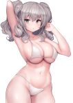  1girl arm_up armpits bare_shoulders bikini blue_eyes blush breasts cleavage collarbone grey_hair hair_between_eyes highres kantai_collection kashima_(kancolle) large_breasts long_hair looking_at_viewer navel siesta_(artist) simple_background skindentation solo string_bikini swimsuit twintails wavy_hair white_background white_bikini 