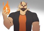  5_fingers absurd_res anthro beard big_muscles black_clothing black_shirt black_topwear brown_beard canid canine canis clothing domestic_dog eyebrows facial_hair fingers fire fur gradient_background hair hi_res hikuine_kiiro holding_fireball long_hair looking_at_viewer male mammal muscular muscular_anthro muscular_male orange_clothing orange_shirt orange_t-shirt orange_topwear pecs raichi47 red_eyes red_nose shirt simple_background solo t-shirt tan_body tan_fur topwear utau 