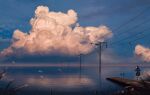  absurdres bird cloud cloudy_sky cumulonimbus_cloud evening highres horizon no_humans original outdoors power_lines road_sign scenery sign sky utility_pole water yu_jing 