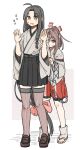  2girls ahoge black_hair black_hakama black_skirt brown_eyes grey_hair hachimaki hakama hakama_short_skirt hakama_shorts hakama_skirt headband hiding high_ponytail highres hinata_hibari japanese_clothes kantai_collection long_hair low-tied_long_hair multiple_girls ponytail red_shorts shorts shouhou_(kancolle) skirt zuihou_(kancolle) 