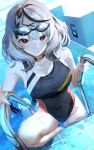  braid choker collarbone goggles grey_hair hololive holox looking_at_viewer nu_(naoyahirota61217010) one-piece_swimsuit pool red_eyes sakamata_chloe swimsuit thighs wet 