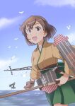  1girl archery bird blue_sky bow_(weapon) breasts brown_eyes brown_hair cloud cloudy_sky day flight_deck gloves green_hakama hakama hakama_short_skirt hakama_skirt highres hiryuu_(kancolle) holding holding_bow_(weapon) holding_weapon japanese_clothes kantai_collection kimono long_sleeves medium_breasts ocean one_side_up open_mouth orange_kimono osamada_meika outdoors partially_fingerless_gloves quiver radio_antenna seagull short_hair single_glove skirt sky smile solo water waves weapon wide_sleeves yugake yumi_(bow) 