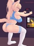  1girl animal_ears ass bare_arms bare_shoulders blonde_hair blush breasts cat_ears cat_girl cat_tail closed_mouth commentary english_commentary from_behind highres large_breasts long_hair nottytiffy original panties patreon_username playing_games ponytail red_eyes ring_fit_adventure skindentation solo squatting striped striped_panties tail thighhighs thighs tiffy_(nottytiffy) underwear white_thighhighs 