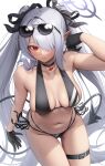  1girl arm_up ass_visible_through_thighs bikini black_bikini black_choker black_gloves black_ribbon blue_archive breasts choker closed_mouth demon_tail expressionless eyewear_on_head glint gloves grey_hair hair_over_one_eye hair_ribbon halo highres iori_(blue_archive) iori_(swimsuit)_(blue_archive) long_hair looking_at_viewer medium_breasts navel pendant_choker pointy_ears red_eyes ribbon side-tie_bikini_bottom skindentation solo stomach sunglasses suraimu_(suraimuraimu) swimsuit tail thigh_strap thighs twintails very_long_hair wet 