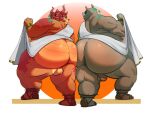  2022 another_eidos_of_dragon_vein_r anthro backsack balls belly bera_dez big_belly big_butt butt dragon duo genitals grey_body hi_res male male/male mammal overweight overweight_male rhinocerotoid romanes 