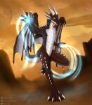  absurd_res anthro black_body blizzard_entertainment casting_spell cloud dracthyr dragon fan_character feerone hi_res horn magic magic_user magician male mountain nude plains plates running scalie solo spikes stormstreaks sunset teeth video_games warcraft western_dragon white_body wings 