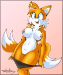  2022 anthro breasts canid canine chest_tuft clothing digital_media_(artwork) dipstick_tail female fox fur genitals hi_res mammal markings miles_prower nehmkey nipples nude open_mouth pussy sega smile solo sonic_the_hedgehog_(series) tail_markings tuft underwear undressing white_body white_fur yellow_body yellow_fur 