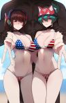  1boy 2girls absurdres american_flag_bikini bikini blue_eyes breasts brown_eyes brown_hair d.va_(overwatch) dark-skinned_male dark_skin facepaint facial_mark flag_print green_hair hand_on_another&#039;s_shoulder hat head_out_of_frame headset highres kiriko_(overwatch) large_breasts multiple_girls overwatch overwatch_2 ponytail ratatatat74 standing swimsuit v whisker_markings 