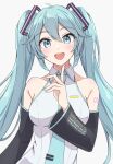  1girl aqua_eyes aqua_hair aqua_nails breasts hatsune_miku highres long_hair looking_at_viewer medium_breasts nail necktie number_tattoo open_mouth simple_background smile solo tattoo tie_clip tomatology3 twintails upper_body very_long_hair vocaloid 