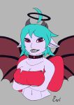  ahoge bat_wings black_lips blue_hair bow_(feature) clothing collar crossed_arms evirix fangs female hair halo hi_res horn lips membrane_(anatomy) membranous_wings purple_body red_eyes sharp_teeth short_stack solo succubus teeth torn_clothing vylora_(evirix) wings 