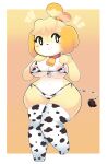  3_fingers 3_toes absurd_res accessory animal_bikini animal_crossing animal_print anthro areola barefoot bell bell_collar big_breasts bikini blonde_hair blush breasts cleavage clothed clothing collar cow_bikini cow_print cow_print_bikini cow_print_thighhighs cowbell digital_media_(artwork) feet female fingers footwear fur hair hair_accessory hair_bell hi_res isabelle_(animal_crossing) legwear mammal midriff navel nintendo onigiri_punch pattern_clothing pattern_swimwear simple_background smile solo standing swimwear thick_thighs thigh_highs toe_outline toes topwear video_games yellow_body yellow_fur 