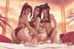  3girls ass avatar:_the_last_airbender avatar_(series) azula bare_legs beach_mat bikini braid braided_ponytail breasts cleavage deflated g21mm hand_on_another&#039;s_thigh highres kneeling mai_(avatar) multiple_girls parted_lips pillow swimsuit thighs toned ty_lee volleyball 