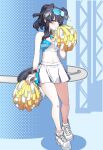  1girl animal_ears bangs bare_arms bare_legs bare_shoulders black_hair blue_archive blush breasts cheerleader closed_mouth crop_top dog_ears dog_tail full_body goggles goggles_on_head hand_up heart hibiki_(blue_archive) hibiki_(cheerleader)_(blue_archive) highres holding holding_pom_poms long_hair looking_at_viewer midriff miniskirt pom_pom_(cheerleading) shoes skirt solo standing tail tsukinami_kousuke white_footwear white_skirt 