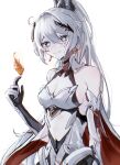  1girl ahoge armor bangs blue_eyes breasts cleavage closed_mouth earrings fire gauntlets hair_ornament highres honkai_(series) honkai_impact_3rd jewelry kiana_kaslana kiana_kaslana_(herrscher_of_flamescion) long_hair looking_at_viewer ponytail simple_background smile solo white_background white_hair zero-sai 