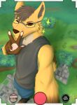  2022 anthro brown_body brown_eyes brown_fur canid canine city clothed clothing digital_drawing_(artwork) digital_media_(artwork) eyewear fur glasses hair hi_res looking_at_viewer macro male malekart mammal pawpads selfie signature smile solo taking_selfie yellow_body yellow_fur 