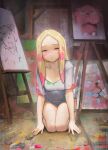  1girl :/ bare_arms bare_legs blonde_hair canvas_(object) closed_mouth facepaint fingernails full_body grey_eyes half-closed_eyes indoors jewelry kneeling leaning_forward long_hair looking_at_viewer mina_(pokemon) no_pants oversized_clothes oversized_shirt paint paint_in_hair paint_stains painting_(object) pokemon pokemon_(game) pokemon_sm ring shirt short_sleeves snubbull solo t-shirt white_shirt yugen99 